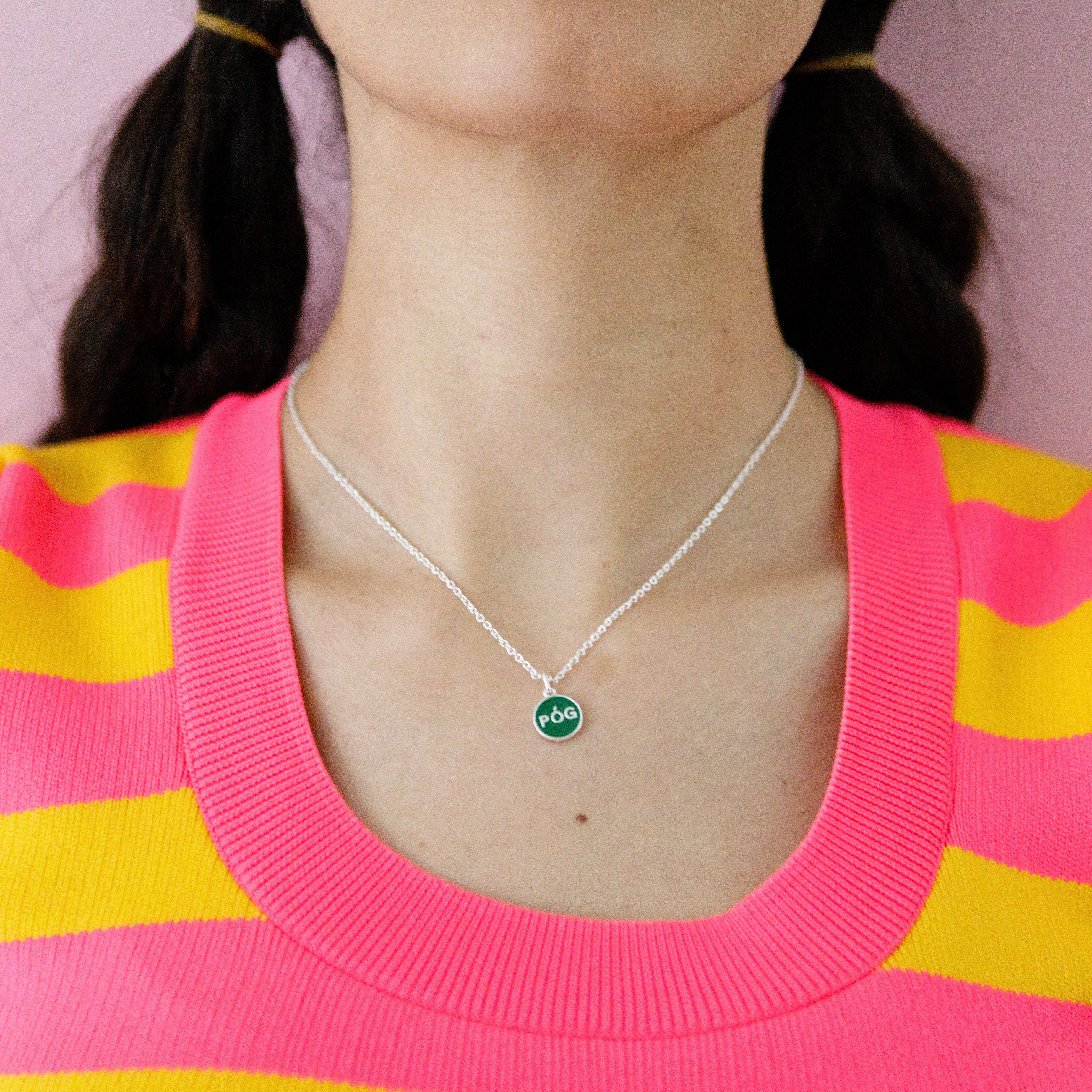 charm-necklace-green-silver-on-neck-view