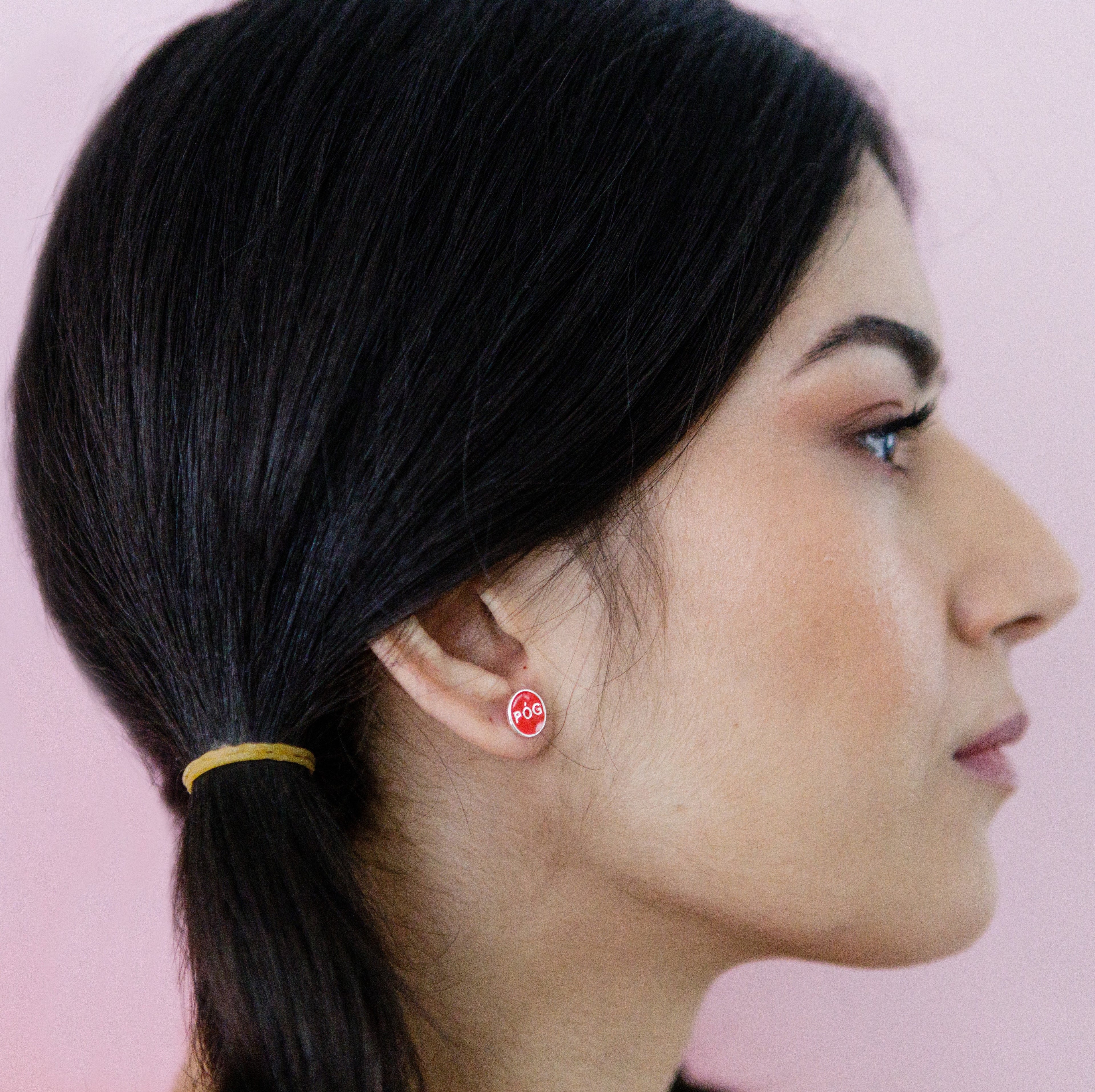 pod-studs-red-silver-on-ear-view