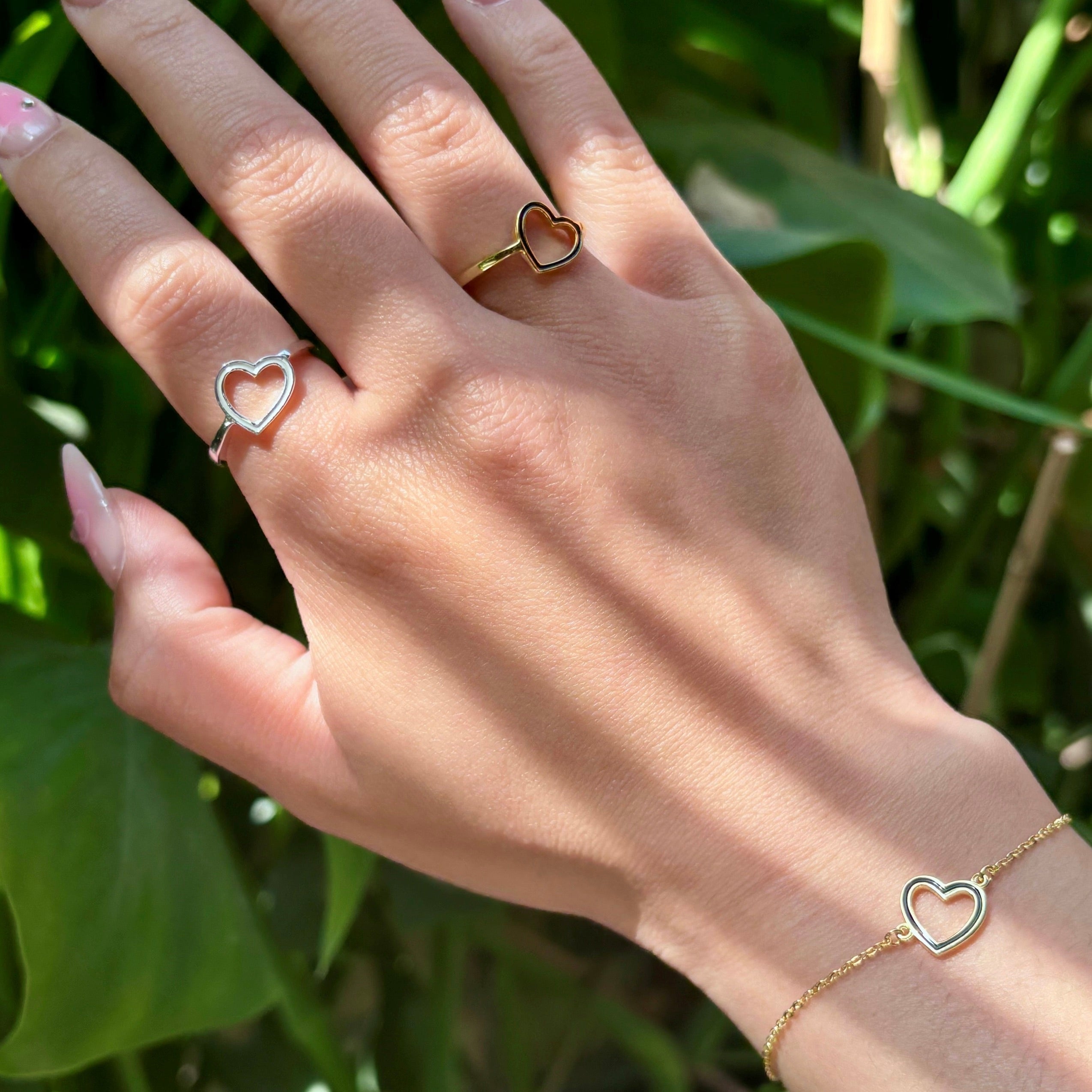 handstack-open-heart-ring-open-heart-bracelet-silver-gold-on-hand-view