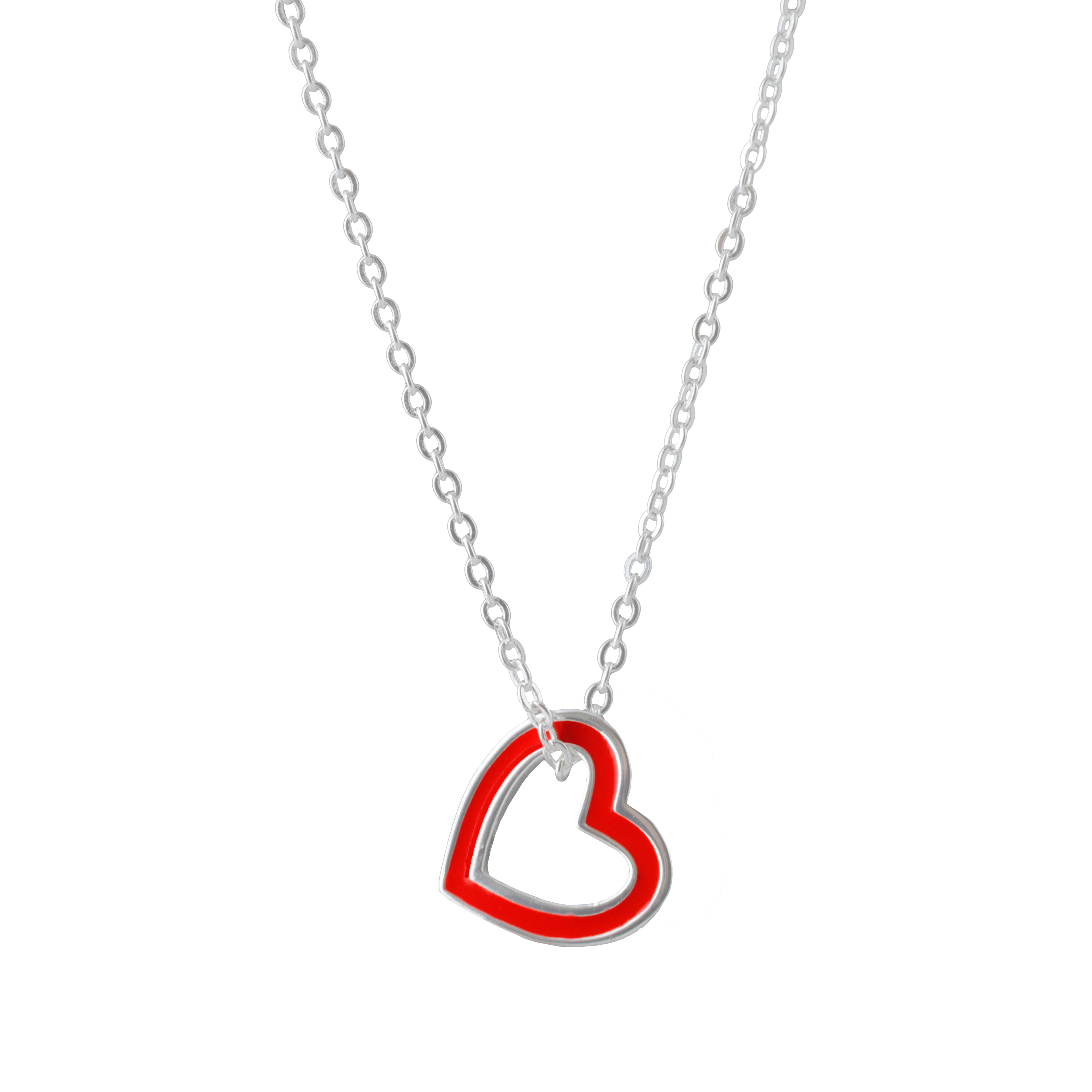 Open red heart necklace with simple silver chain 